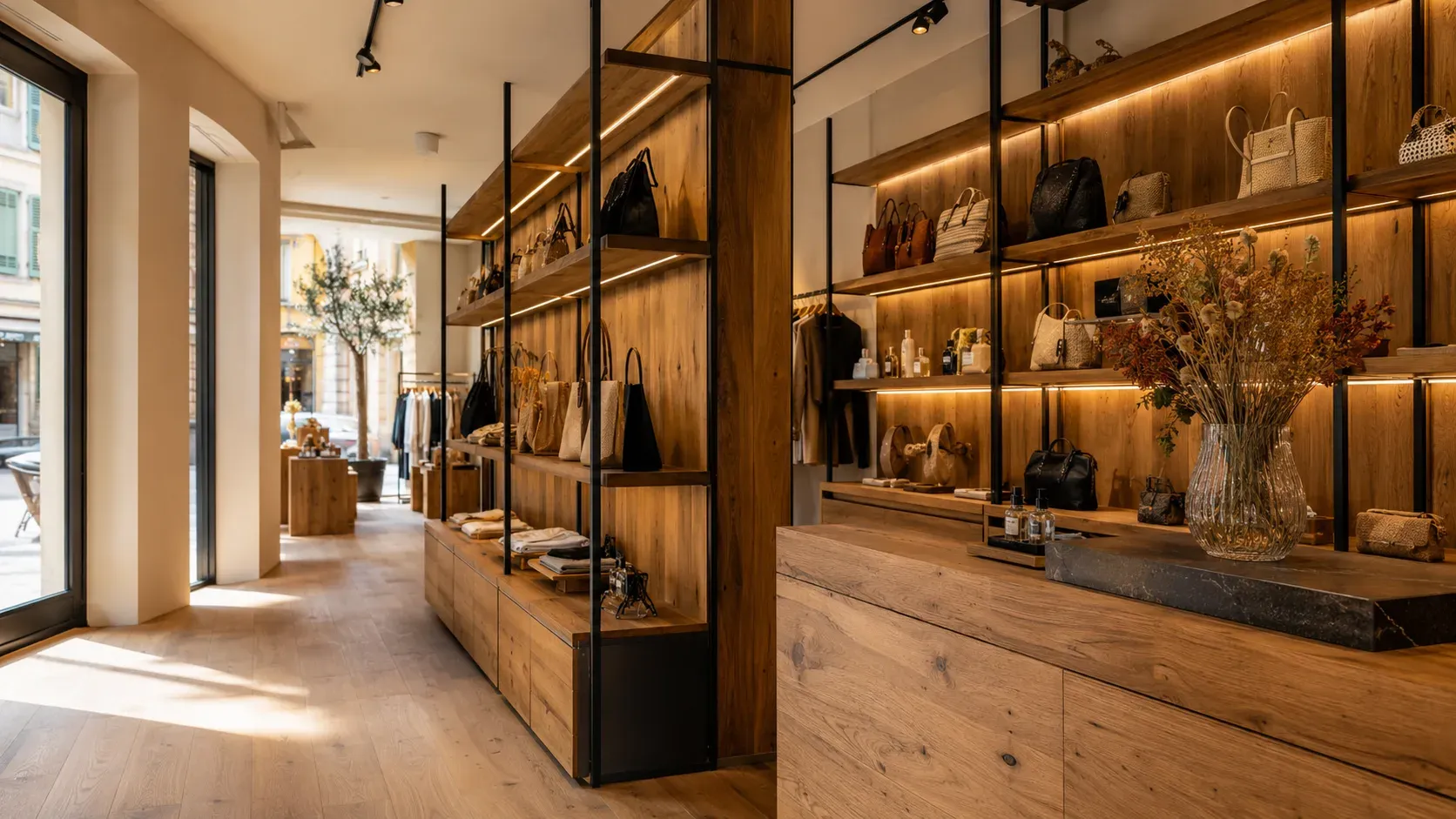 Agencement intérieur d'une boutique niçoise en bois et métal