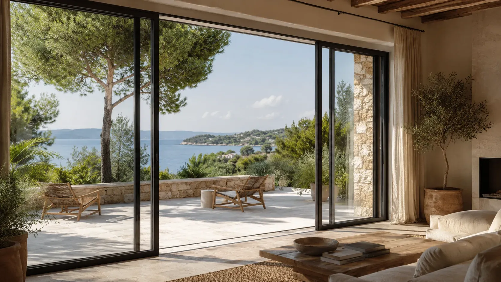 Baie vitrée coulissante aluminium donnant sur terrasse
