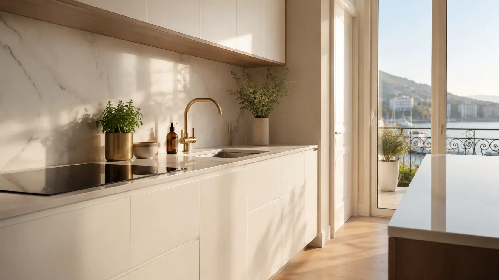 Cuisine sur-mesure en bois et laqué blanc dans un appartement à Cannes