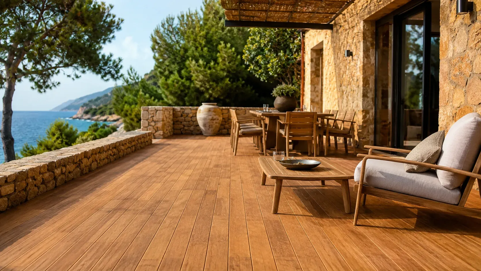 Terrasse bois entretenue au saturateur sur une villa du littoral