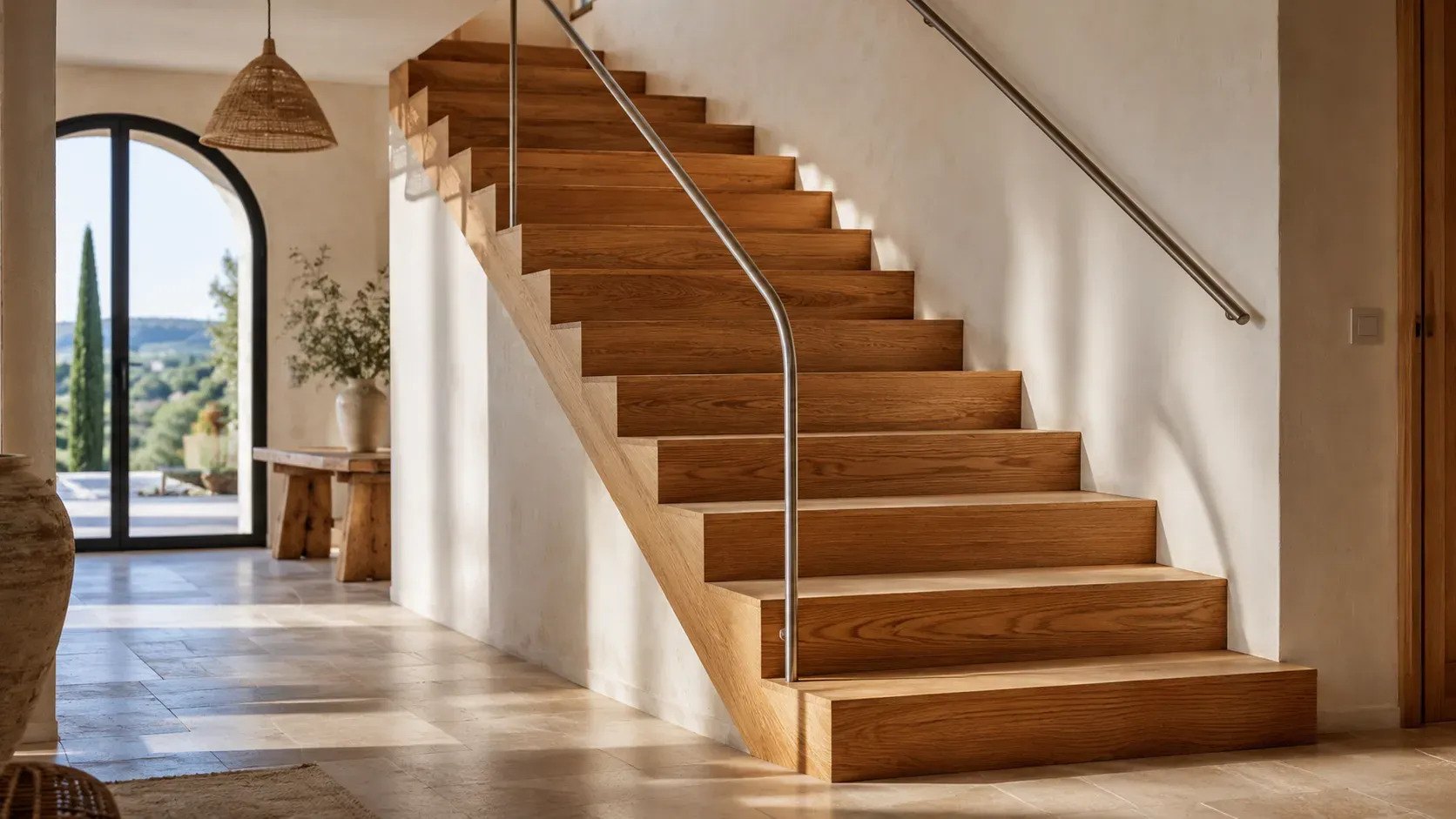 Escalier en chêne massif à limon crémaillère dans une villa à Mougins