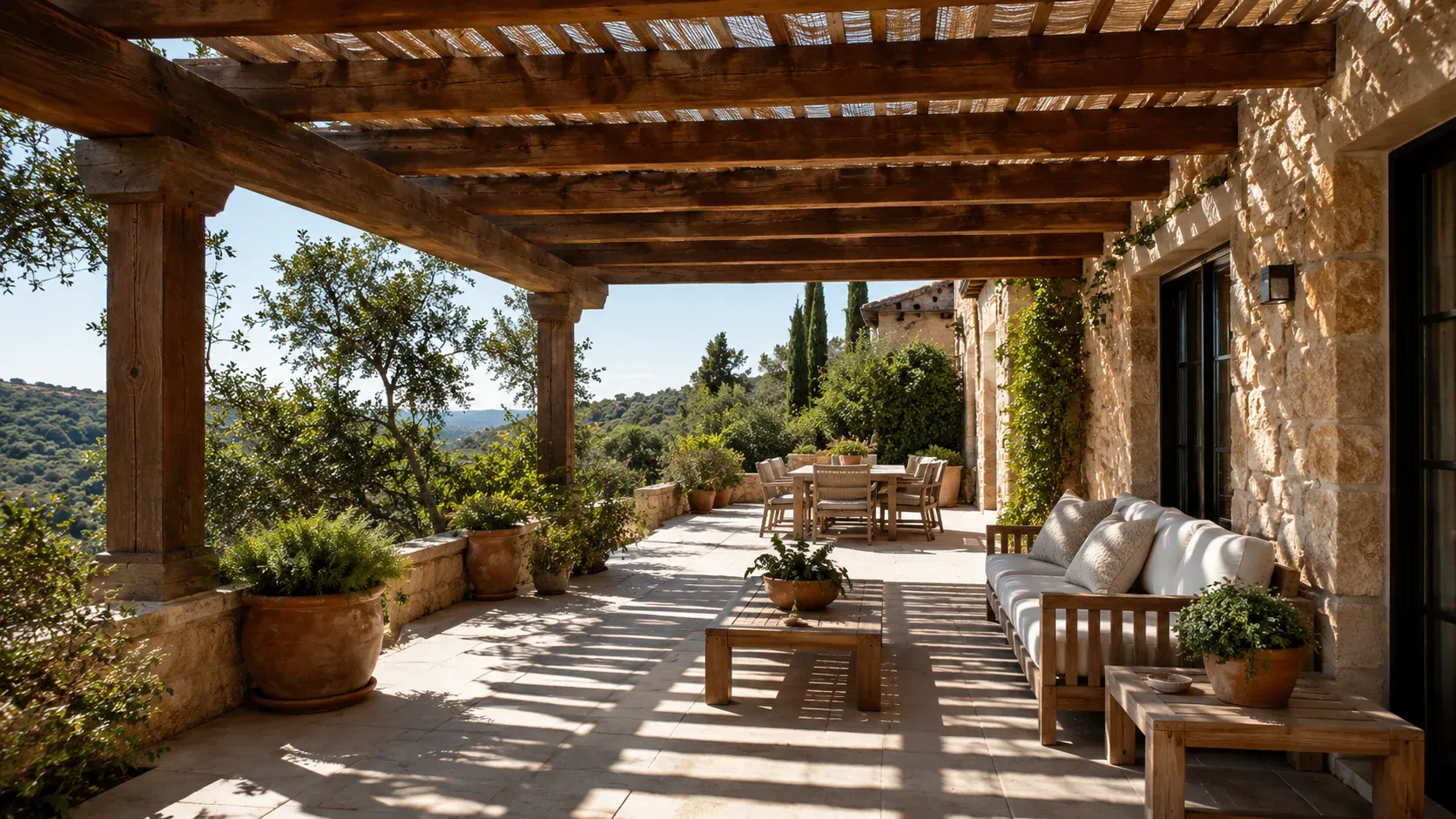 Pergola bois adossée à une villa méditerranéenne