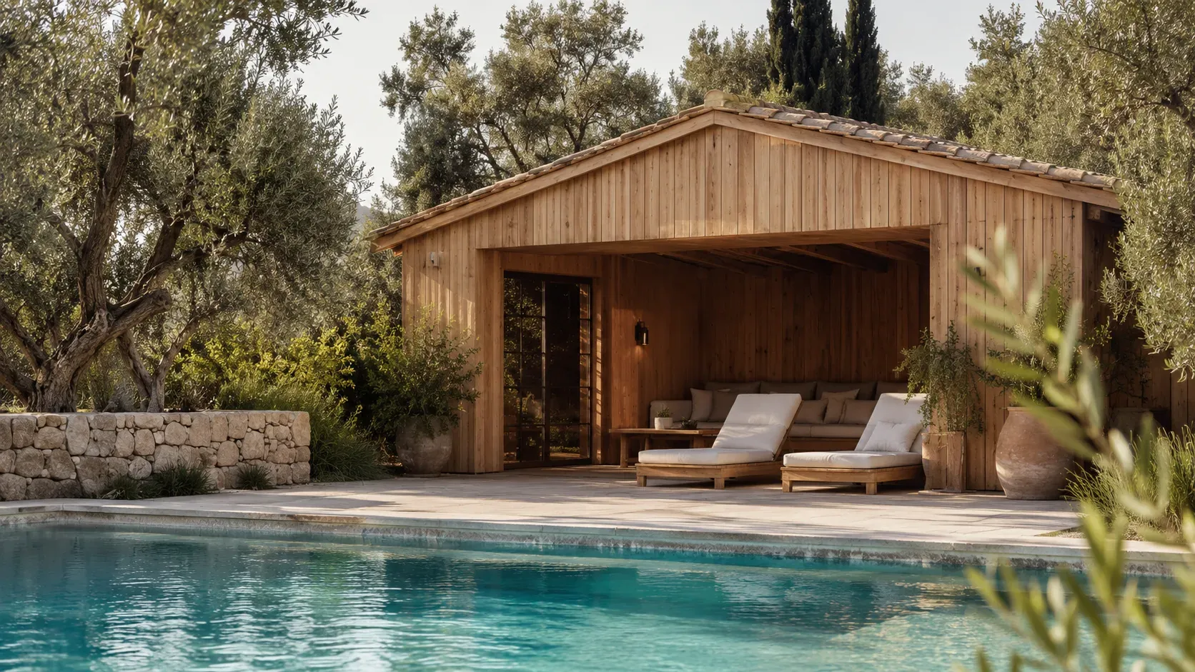 Pool house en bois intégré dans un jardin méditerranéen au bord d'une piscine