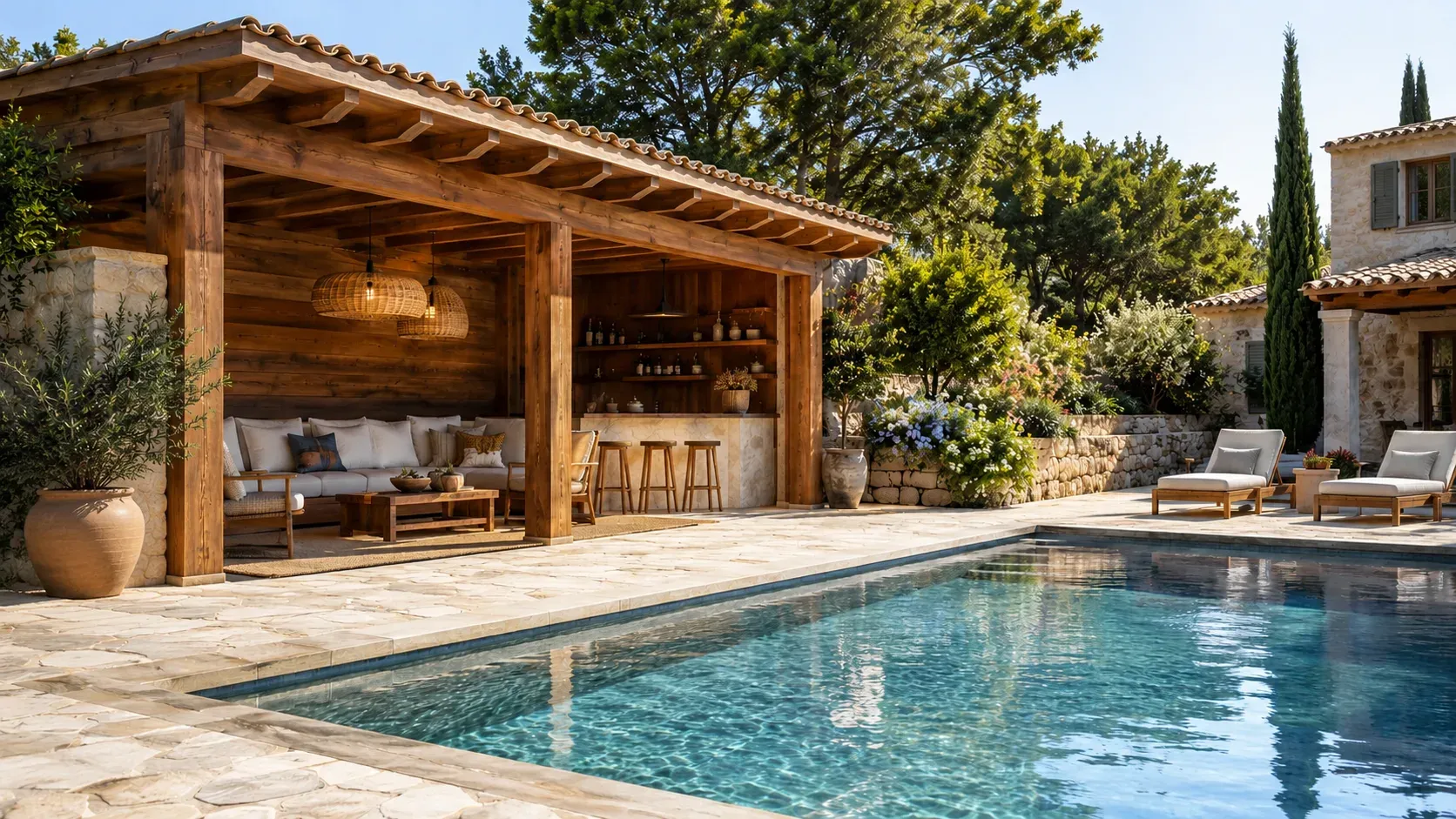 Pool house bois sur-mesure au bord d'une piscine de villa