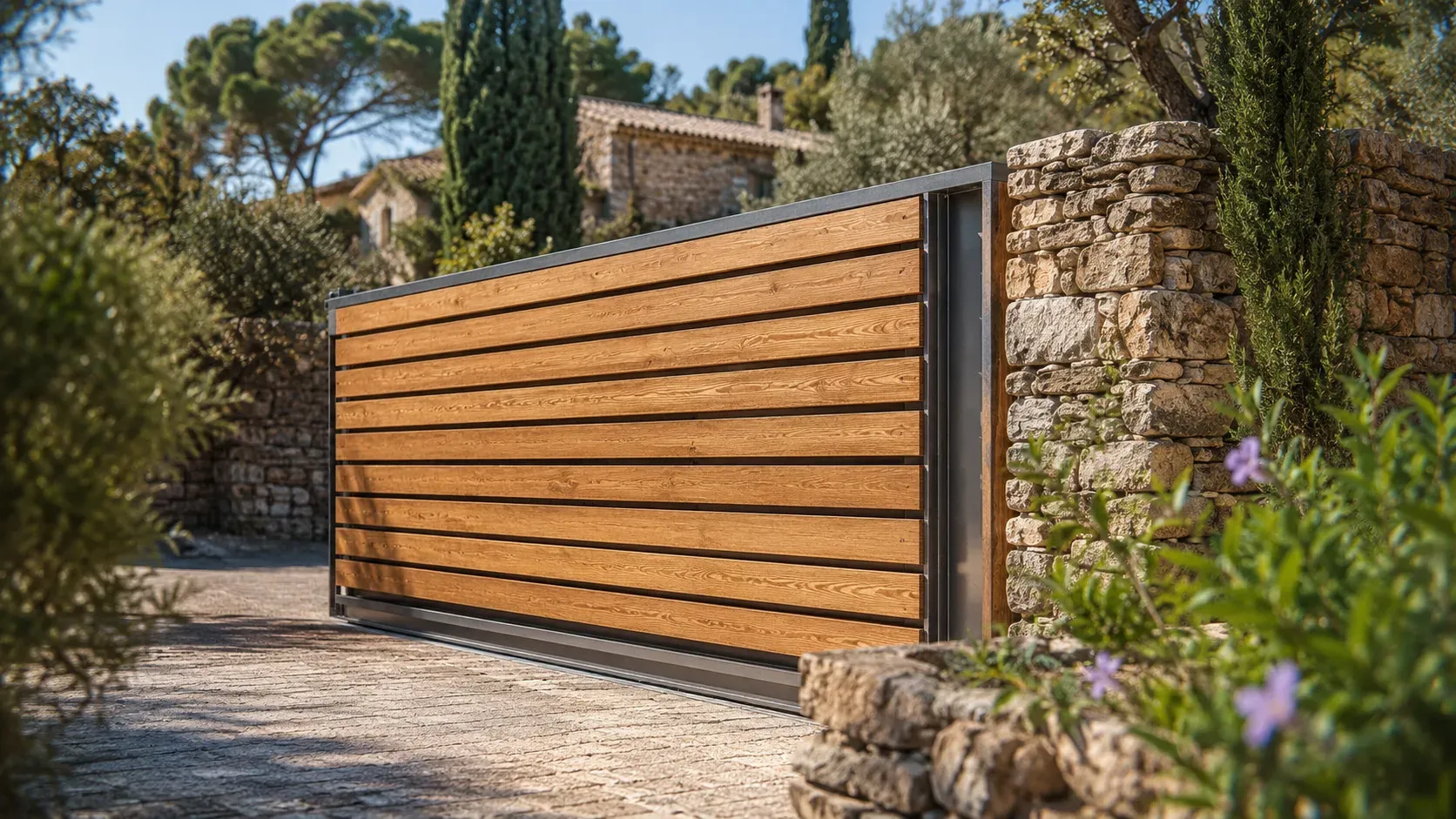 Portail bois coulissant sur-mesure à l'entrée d'une propriété à Grasse