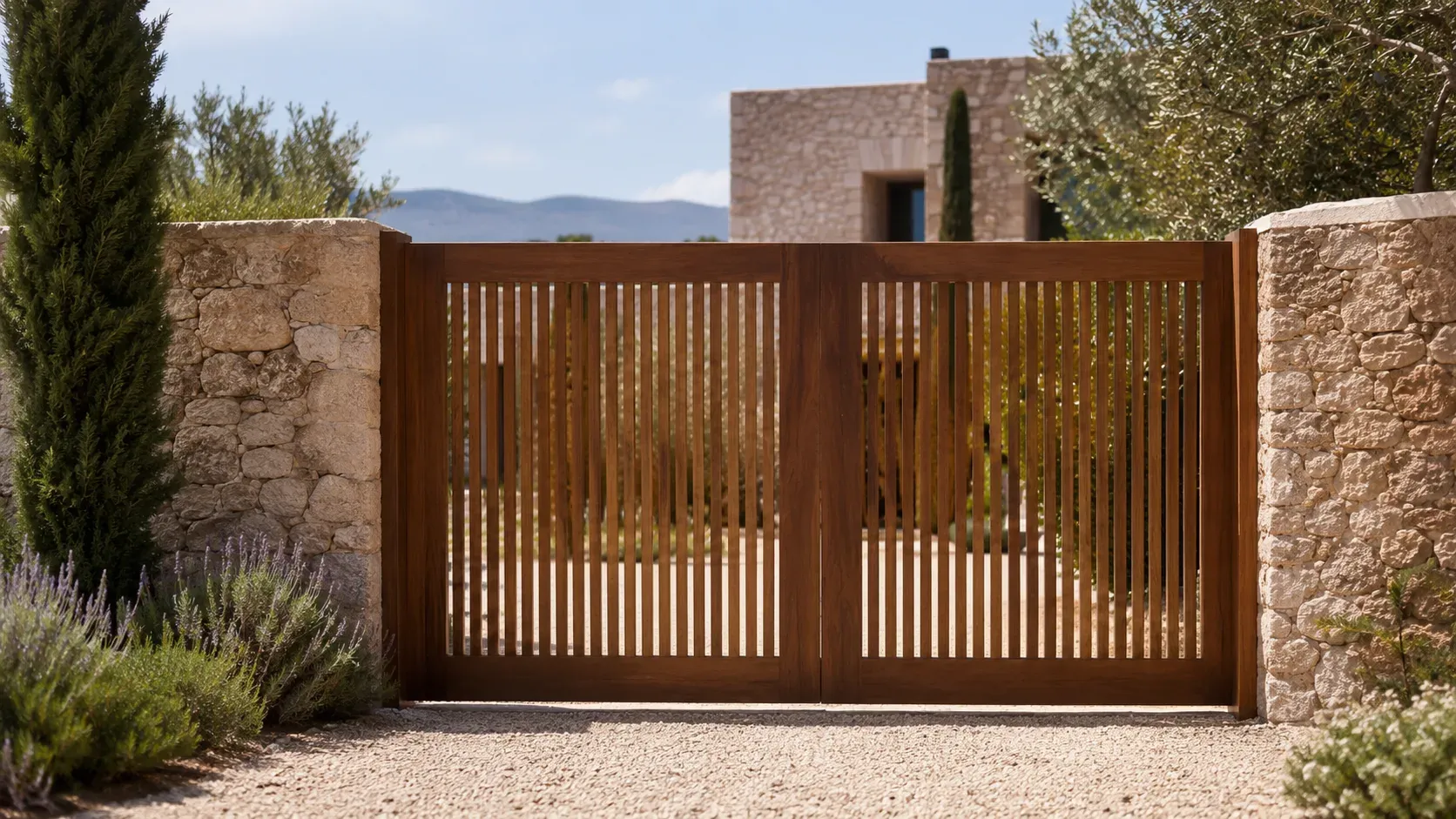 Portail bois sur-mesure à l'entrée d'une propriété de la Côte d'Azur