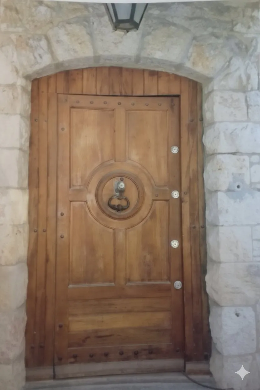Porte d'entrée ancienne en bois, heurtoir et encadrement en pierre